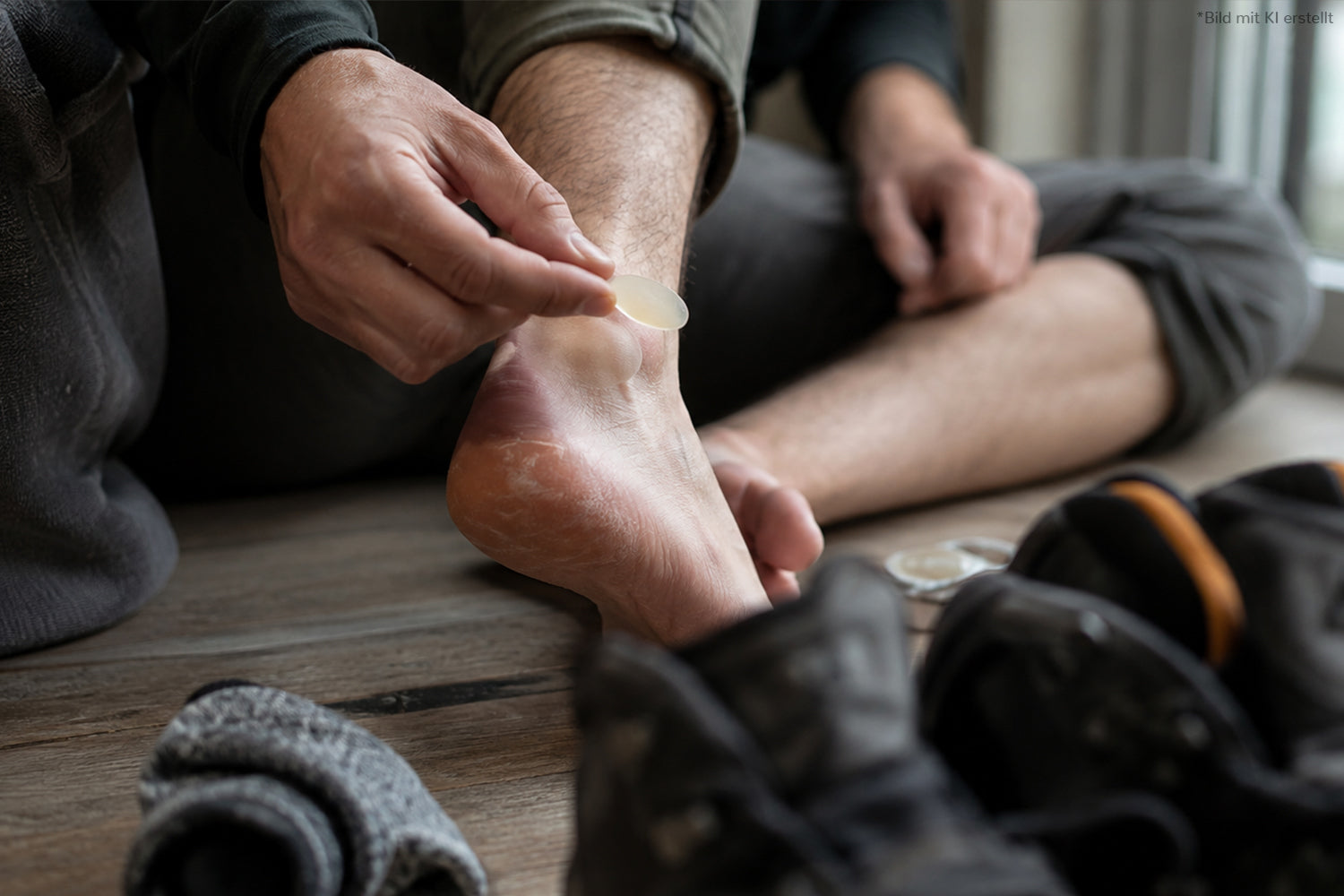 Hand klebt ein Hydrokolloid-Blasenpflaster auf eine offene Blase an der Ferse, daneben Wanderschuhe und Wandersocke