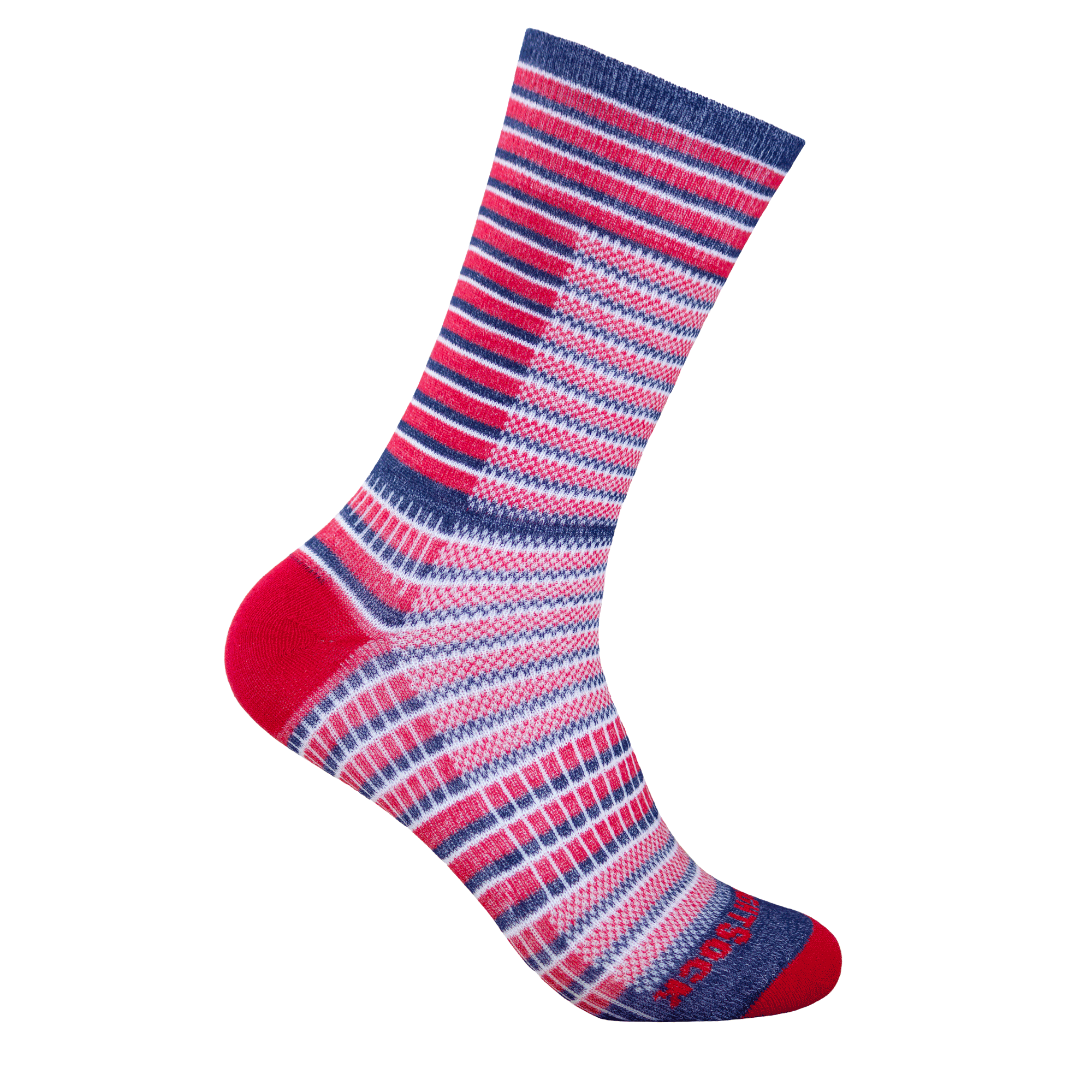 #farbe_red-white-blue | Wandersocke Merino Coolmesh Crew (wadenhoch) von Wrightsock mit roten, blauen und weißen Streifen.