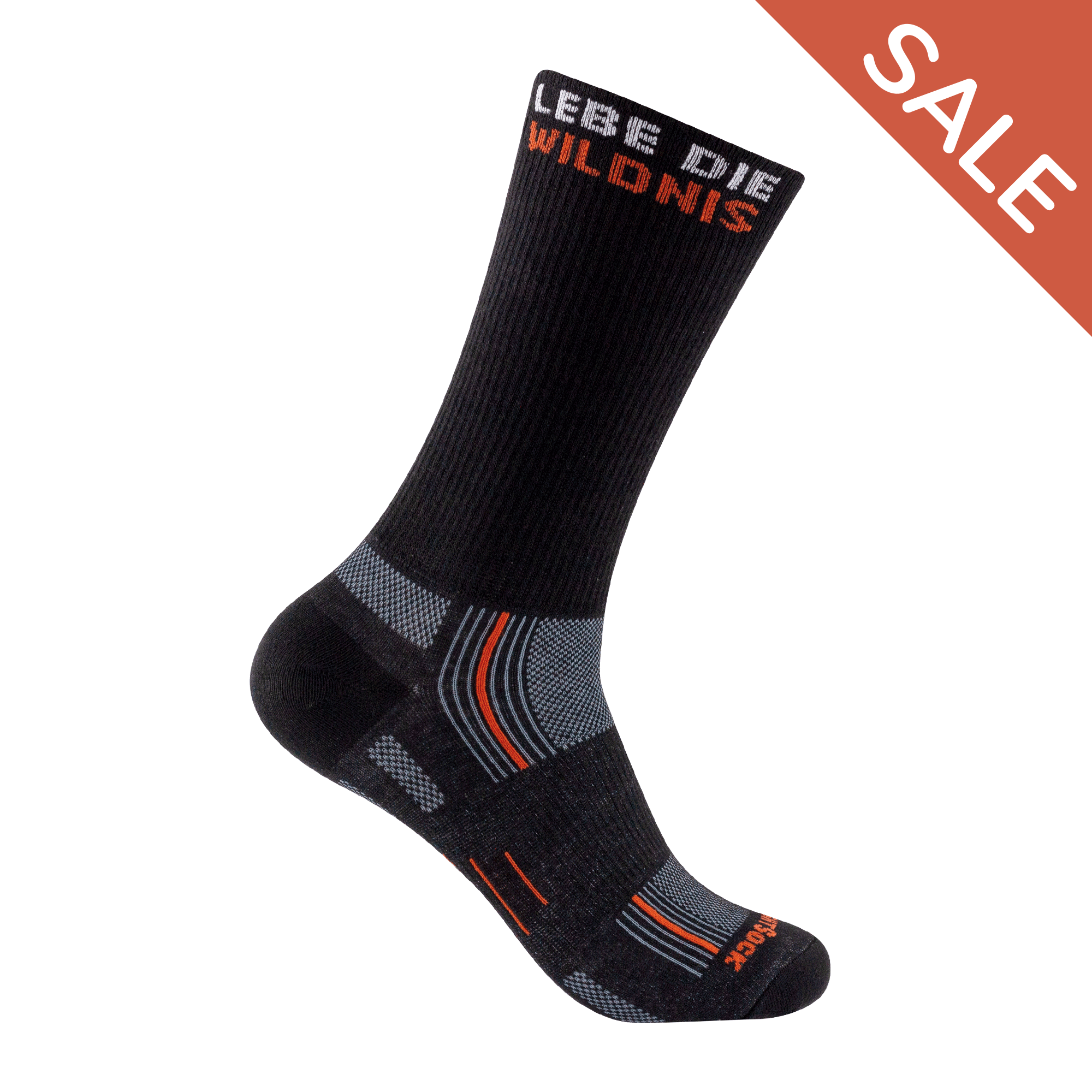 #farbe_black / Wildnis | Wrightsock Stride Crew Wandersocke mit Motiv "Lebe die Wildnis"