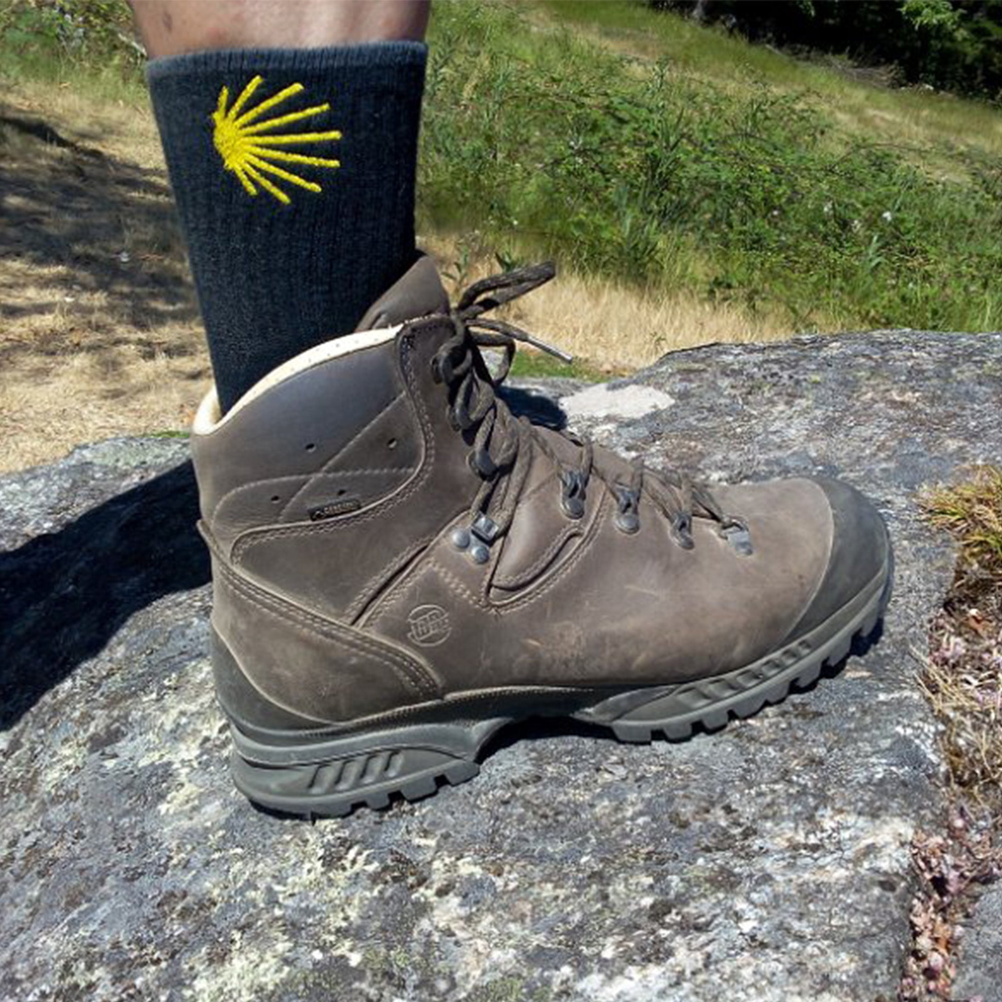 #farbe_black / Jakobsweg Jakobswegsocken / Pilgersocken mit Jakobsmuschel-Motiv