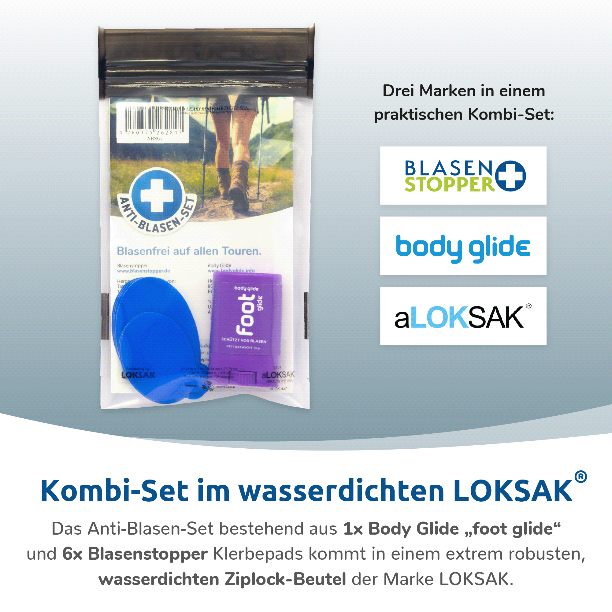 Reibungslos Anti-Blasen-Set. Kombiset aus Blasenstopper und Body Glide im wasserdichten Loksak.