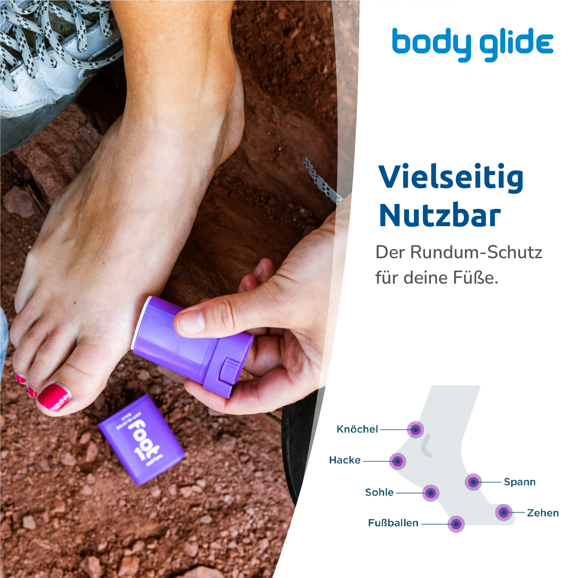 Body Glide Foot Glide Anti-Blasen-Stick gegen Blasen und Wundreibung. Füße, Frau, Klettern, Kletterschuhe