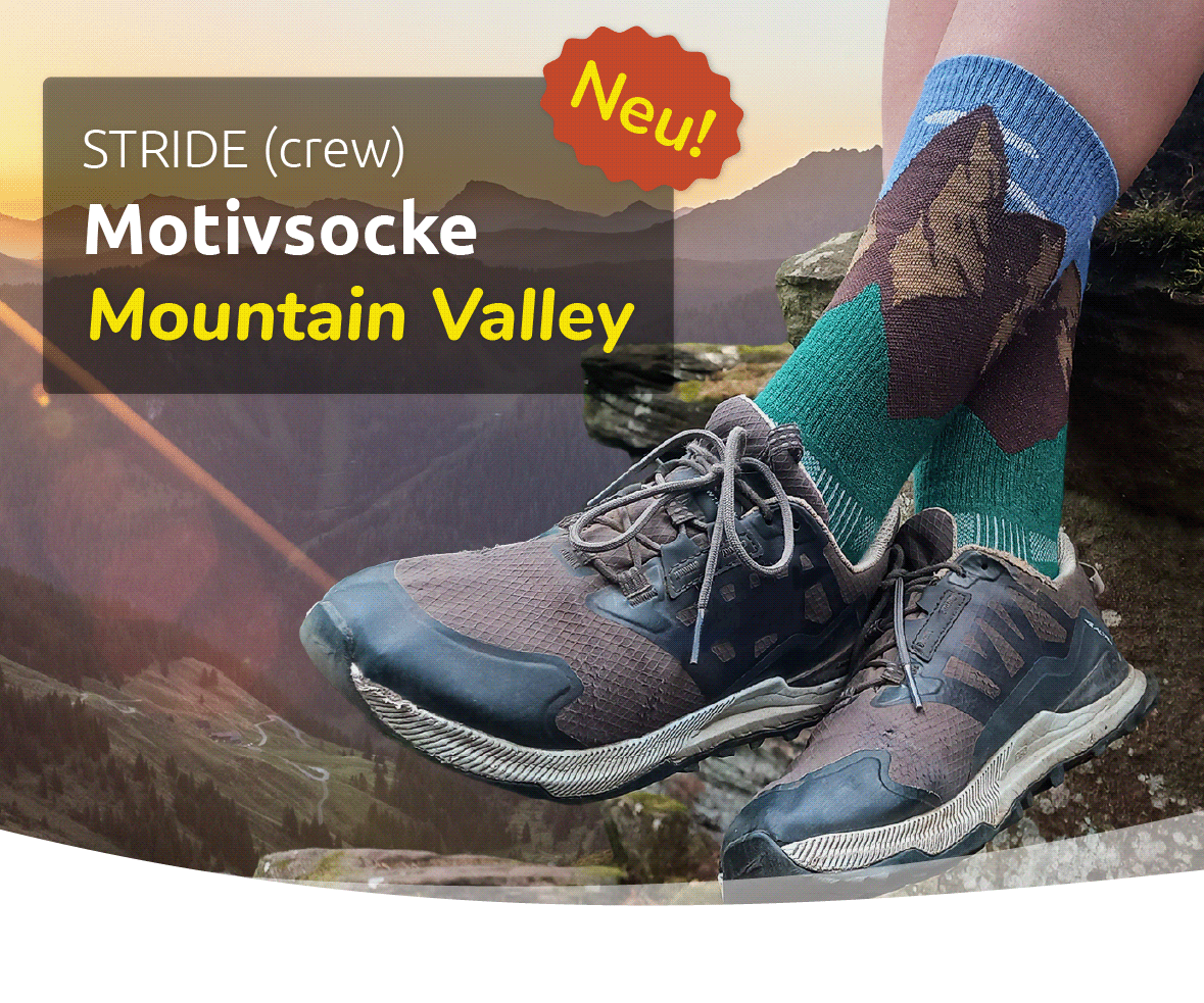 NEU: Wrightsock Stride Crew Wandersocken mit Bergmotiv Variante "Mountan Valley"