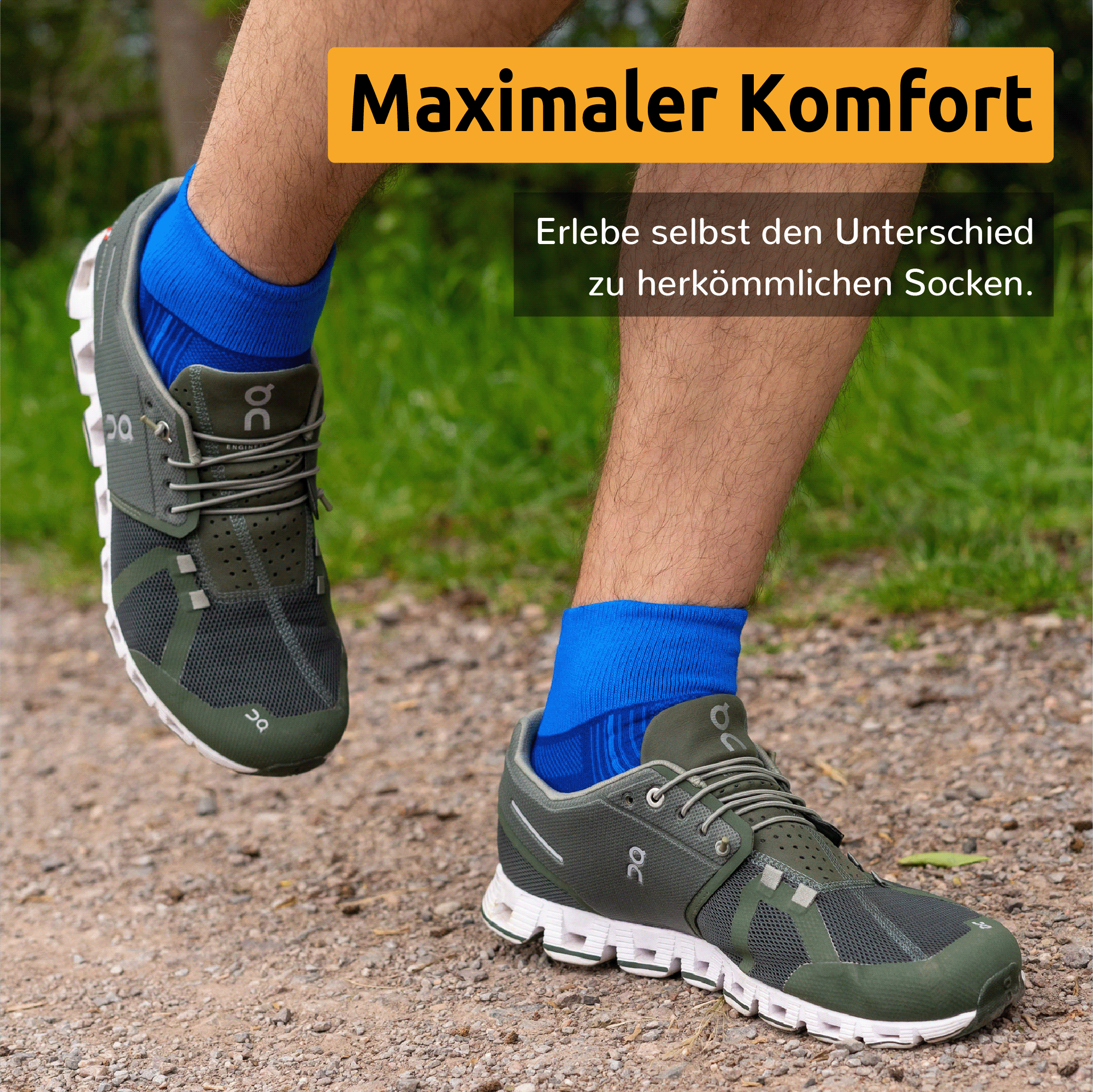 Wrightsock doppellagige Anti-Blasen-Laufsocken Modell Stride Quarter in Blau. Getragen von einem Läufer beim Joggen. Titel: Maximaler Komfort. Erlebe selbst den Unterschied zu herkömmlichen Socken.