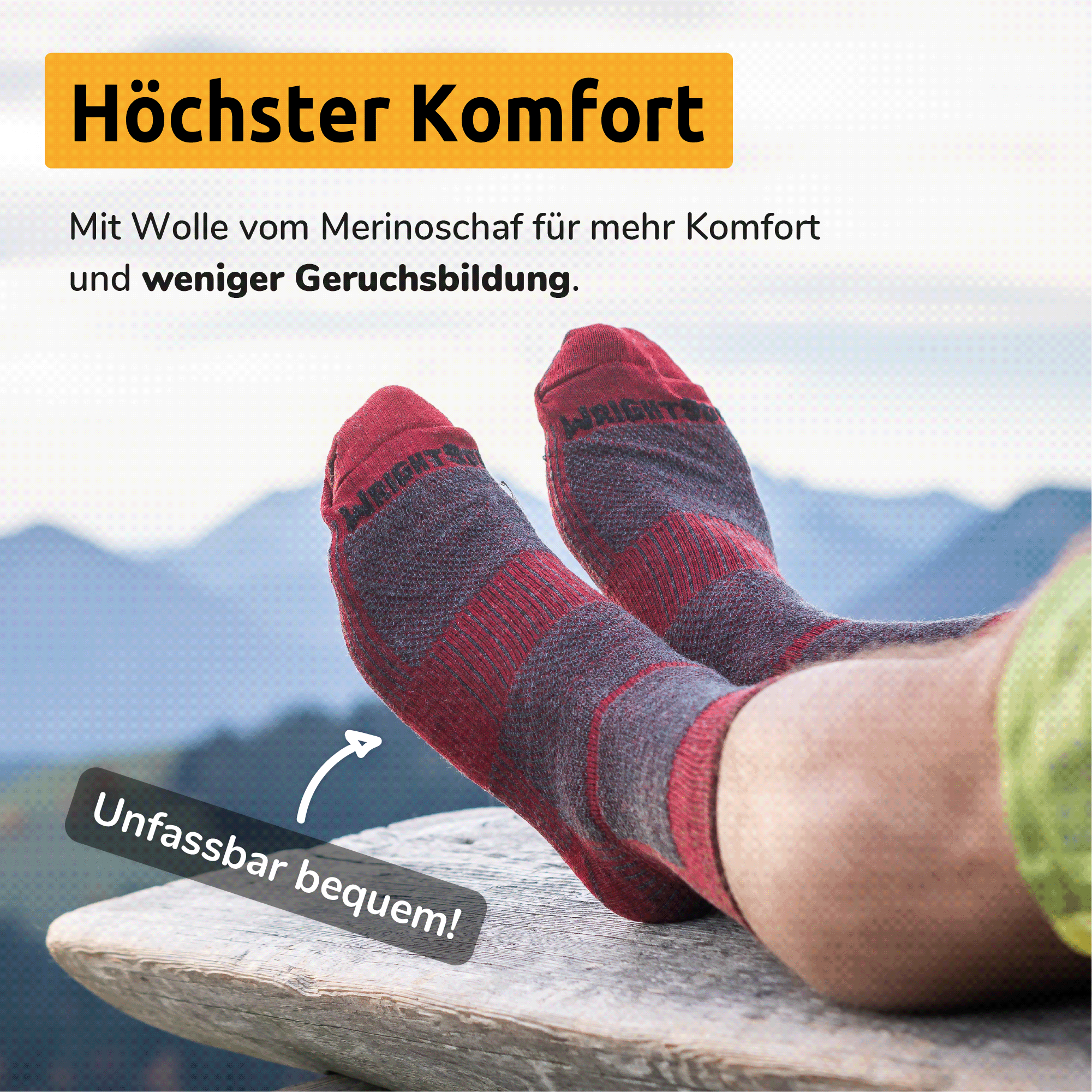 Wrightsock Merino Coolmesh Crew Wandersocken (rot) vor Bergpanorama. Titel: Höchster Komfort. Mit Merinowolle mehr Komfort und weniger Geruchsbildung.