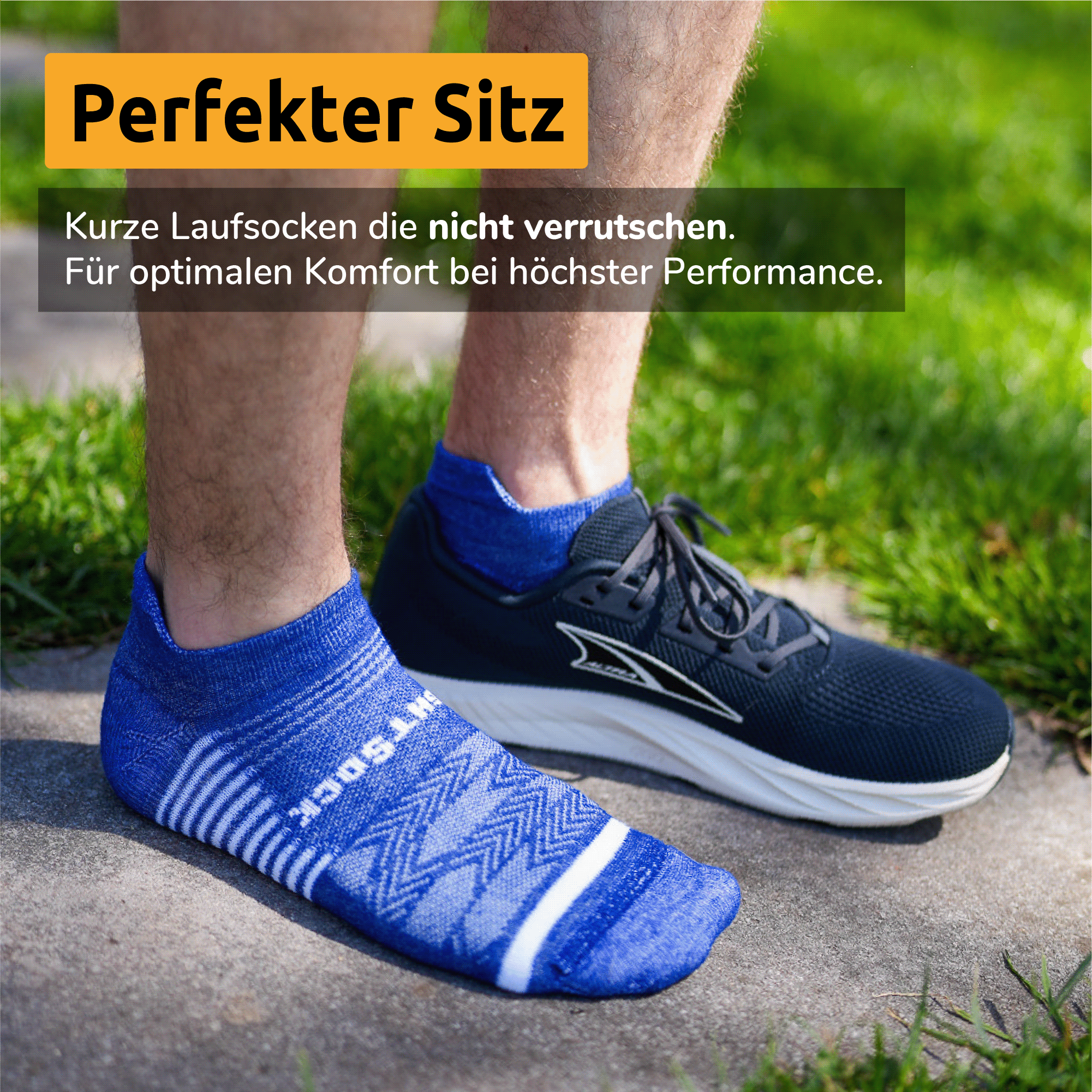 Wrightsock knöchelfreie Laufsocken gegen Blasen. Modell: Coolmesh Low Tab in Neongrün. Getragen von einem Läufer (Nahaufnahme Beine mit Laufschuhen). Titel: Perfekter Sitz. Kurze Laufsocken die nicht verrutschen. Für optimalen Komfort bei höchster Performance.