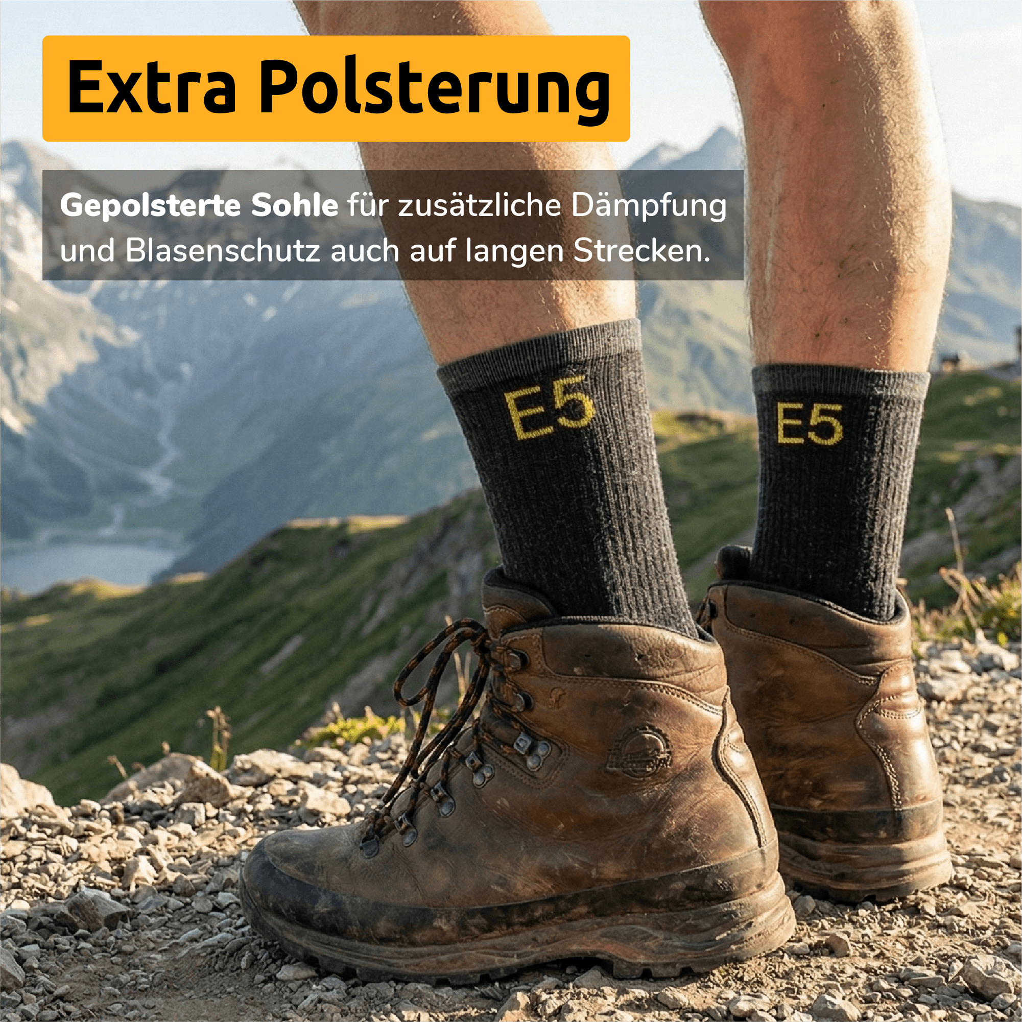 Gepolsterte Wandersocke gegen Blasen mit E5 Logo / Motiv. Ideal für Wanderstiefel, Weitwanderungen, Langestreckenwanderungen.