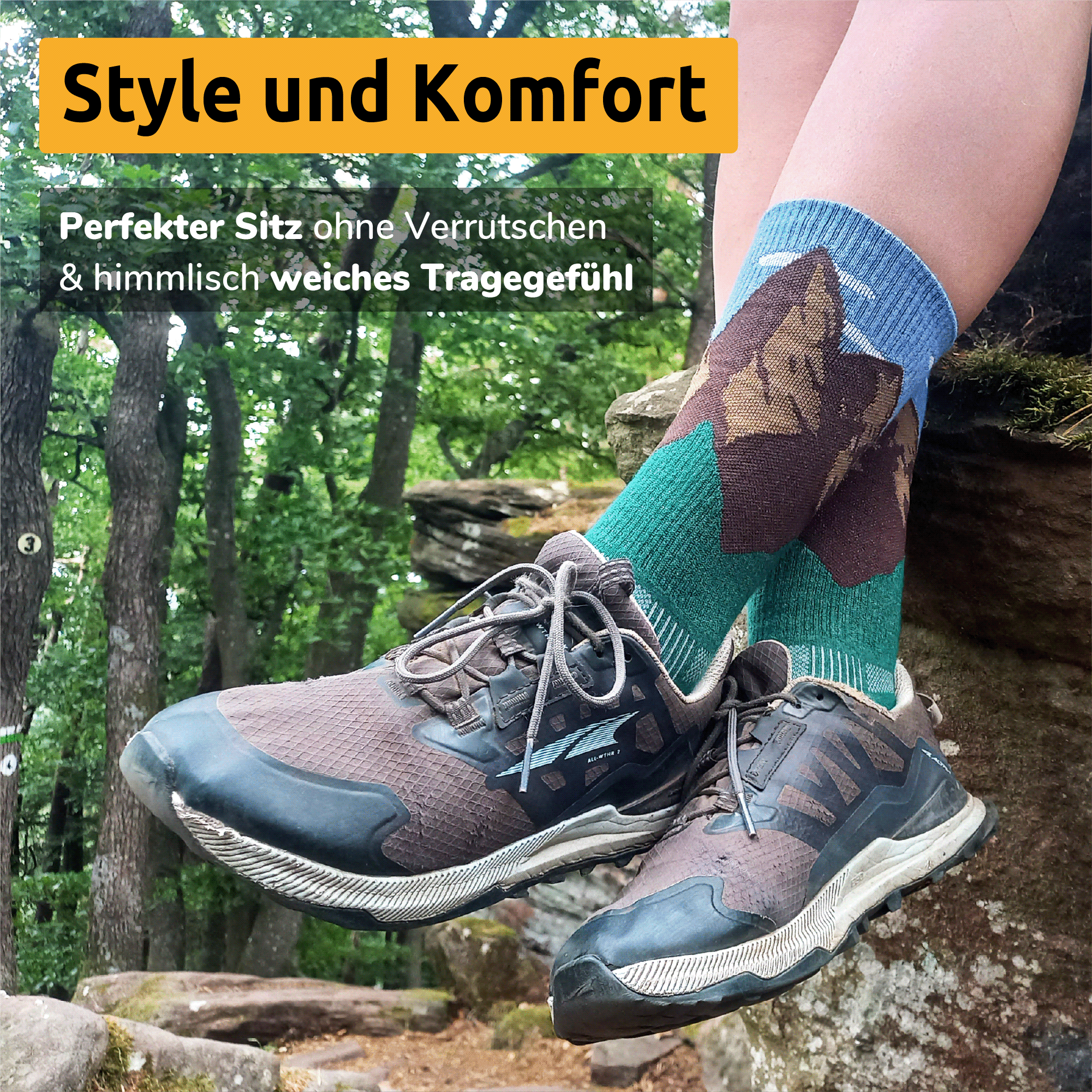 Wrightsock Stride Crew Wandersocke mit Bergmotiv - Style und Komfort. Perfekter Sitz und himmlisch weiches Tragegefühl.