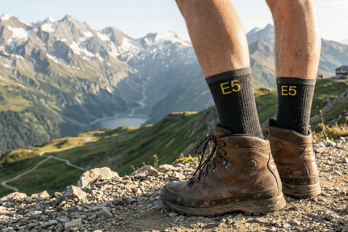 Nahaufnahme von braunen Wanderschuhen und dunklen Wandersocken mit gelbem E5-Logo. Ein Wanderer steht auf einem steinigen Bergpfad vor einer weiten Alpenkulisse.