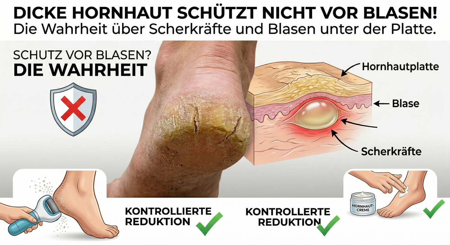 Infografik: Warum dicke Hornhaut nicht vor Blasen schützt. Darstellung einer rissigen Ferse, einem anatomischen Hautquerschnitt mit tiefliegender Blase durch Scherkräfte sowie Lösungen wie elektrische Hornhautentferner und Fußcreme.