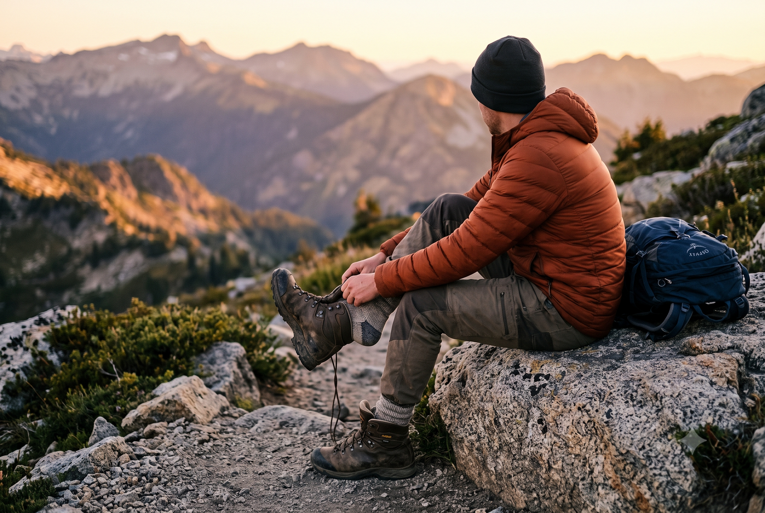 Wanderer zieht Wanderschuh an auf Felsen mit Bergpanorama – Blasen beim Wandern vermeiden